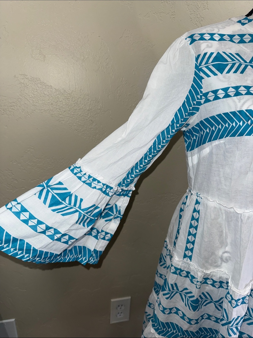 Attic Salt Blue & White Cotton Tiered V-Neck Boho Midi Dress Coastal Aztec XL - Picture 3 of 13